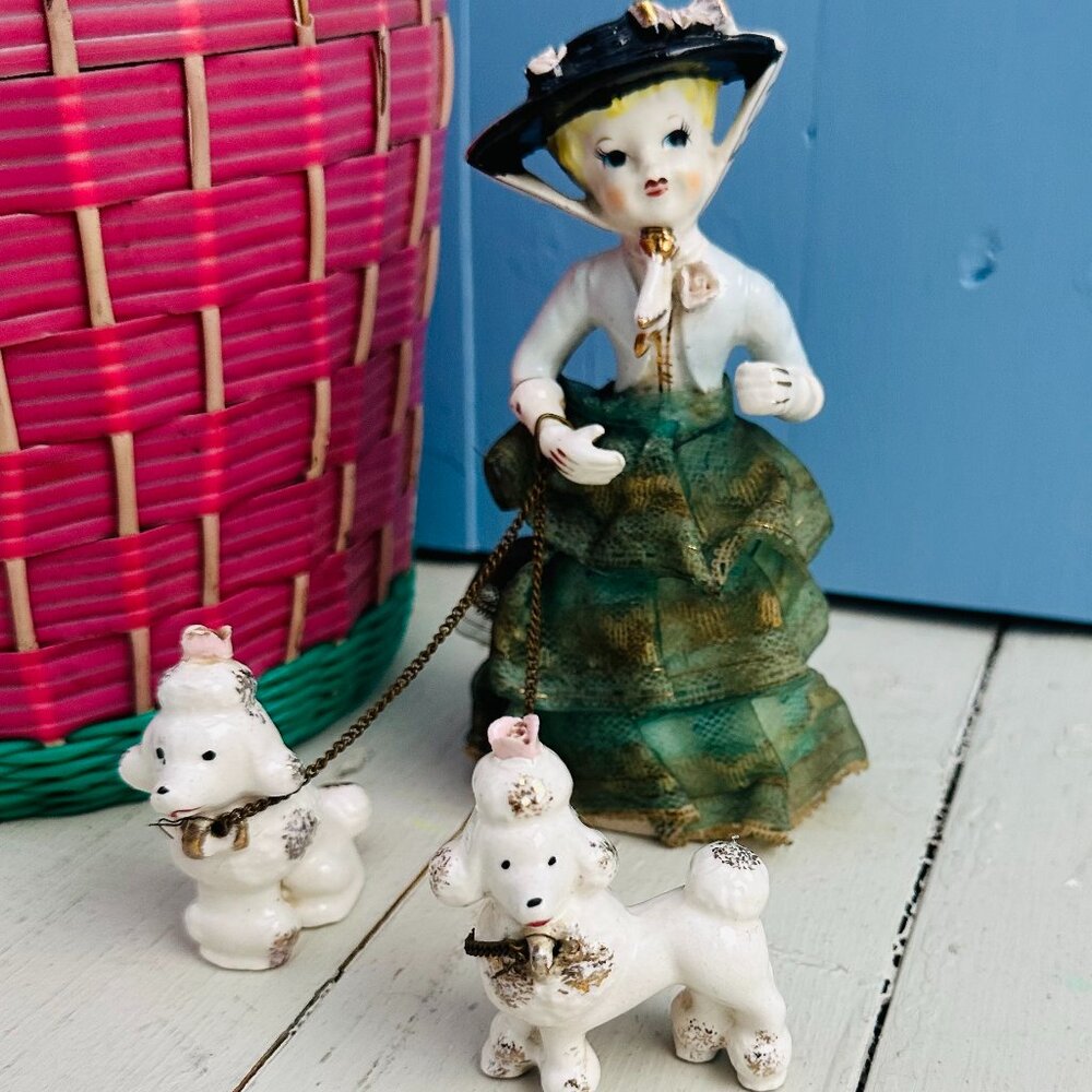 Vintage 50s Arnart Lady Figurine with White Poodle Dogs Lace Skirt Victorian